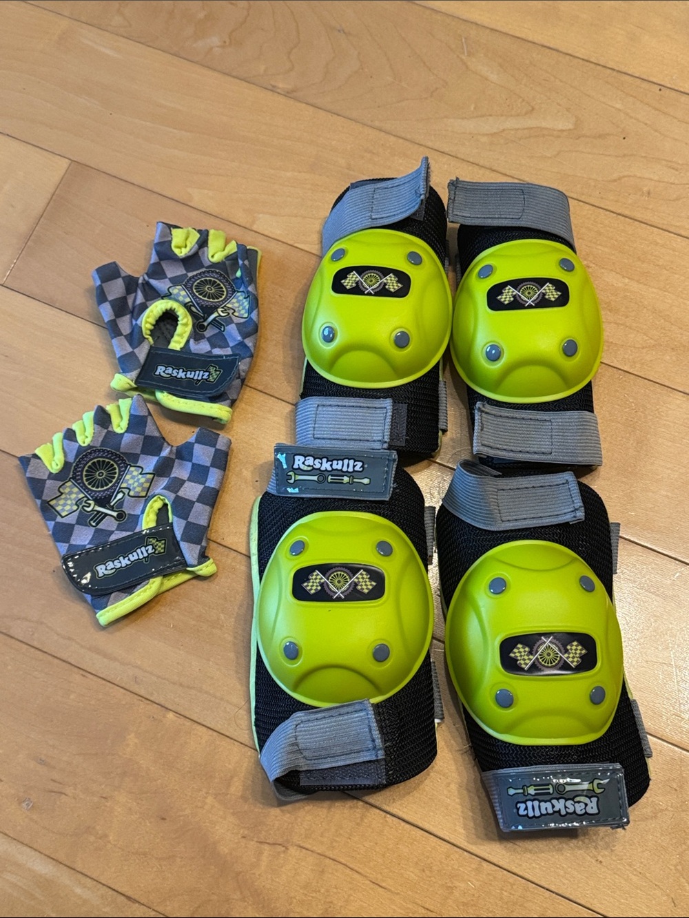 Kids Neon Green & Gray Protective Knee Pads, Elbow Pads and Gloves Set